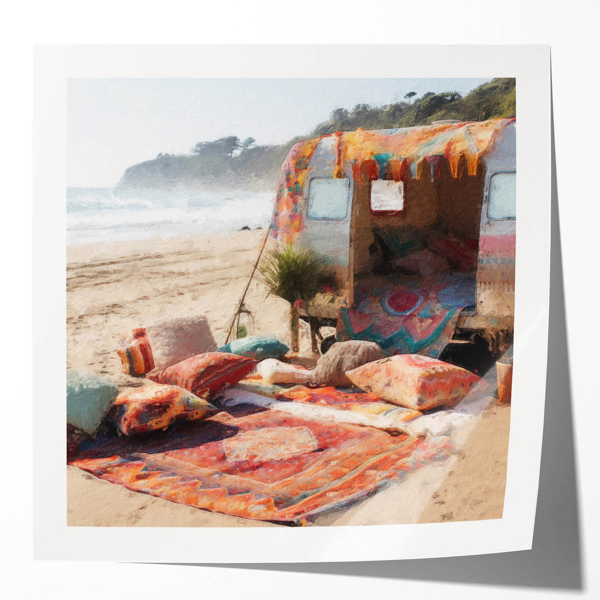 Extra large, glossy print of a floral caravan scene in pastel shades.
