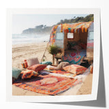 Extra large, glossy print of a floral caravan scene in pastel shades.
