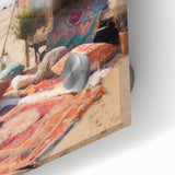 Large abstract wall art featuring a caravan in muted earth tones on acrylic glass, ideal for bedroom or dining room decor.