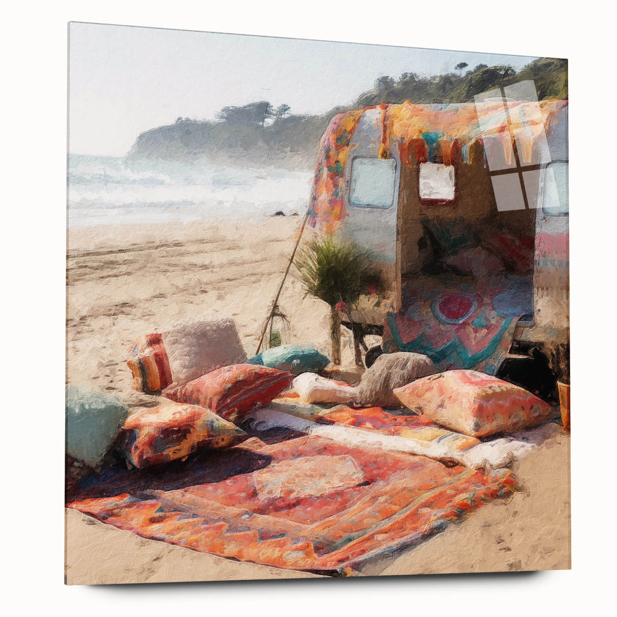 Large abstract wall art on acrylic glass featuring a mid-century modernist caravan in earth tones.