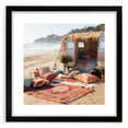 Extra large abstract art print featuring a colorful textured caravan, in a black frame with mat, ideal for living room decor.