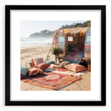 Extra large abstract art print featuring a colorful textured caravan, in a black frame with mat, ideal for living room decor.