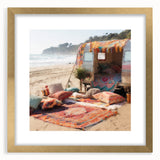 Extra large abstract art print featuring a textured caravan design in gold and brown tones, framed with a mat.