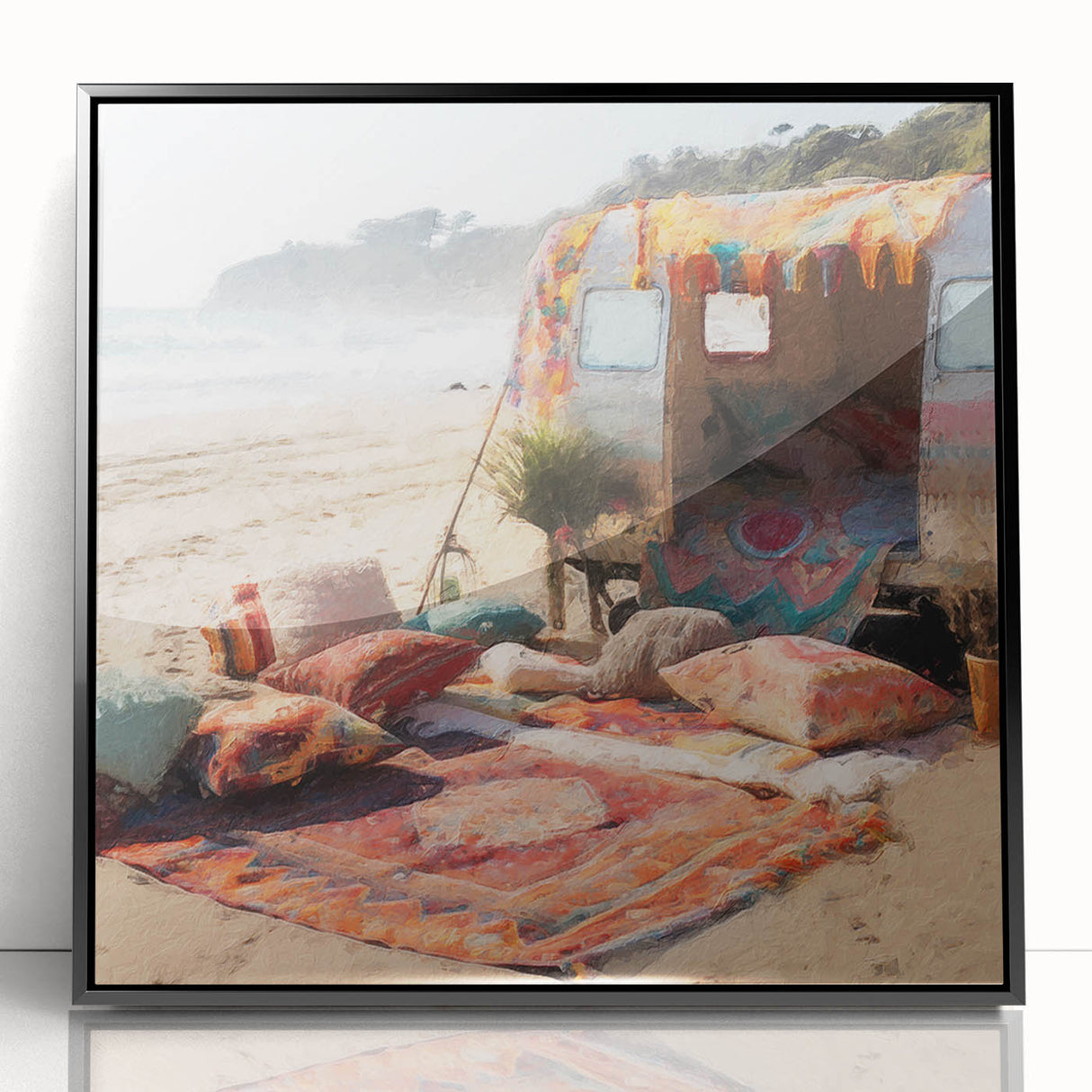 Large abstract wall art featuring a mid-century modernist caravan design in black and white on a framed acrylic panel.