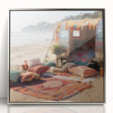 Mid-century modernist art depicting a silver caravan on acrylic print, ideal for nursery wall decor.