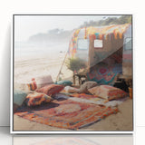 Art deco style poster featuring a caravan, in muted tones on white acrylic, ideal for nursery wall decor.