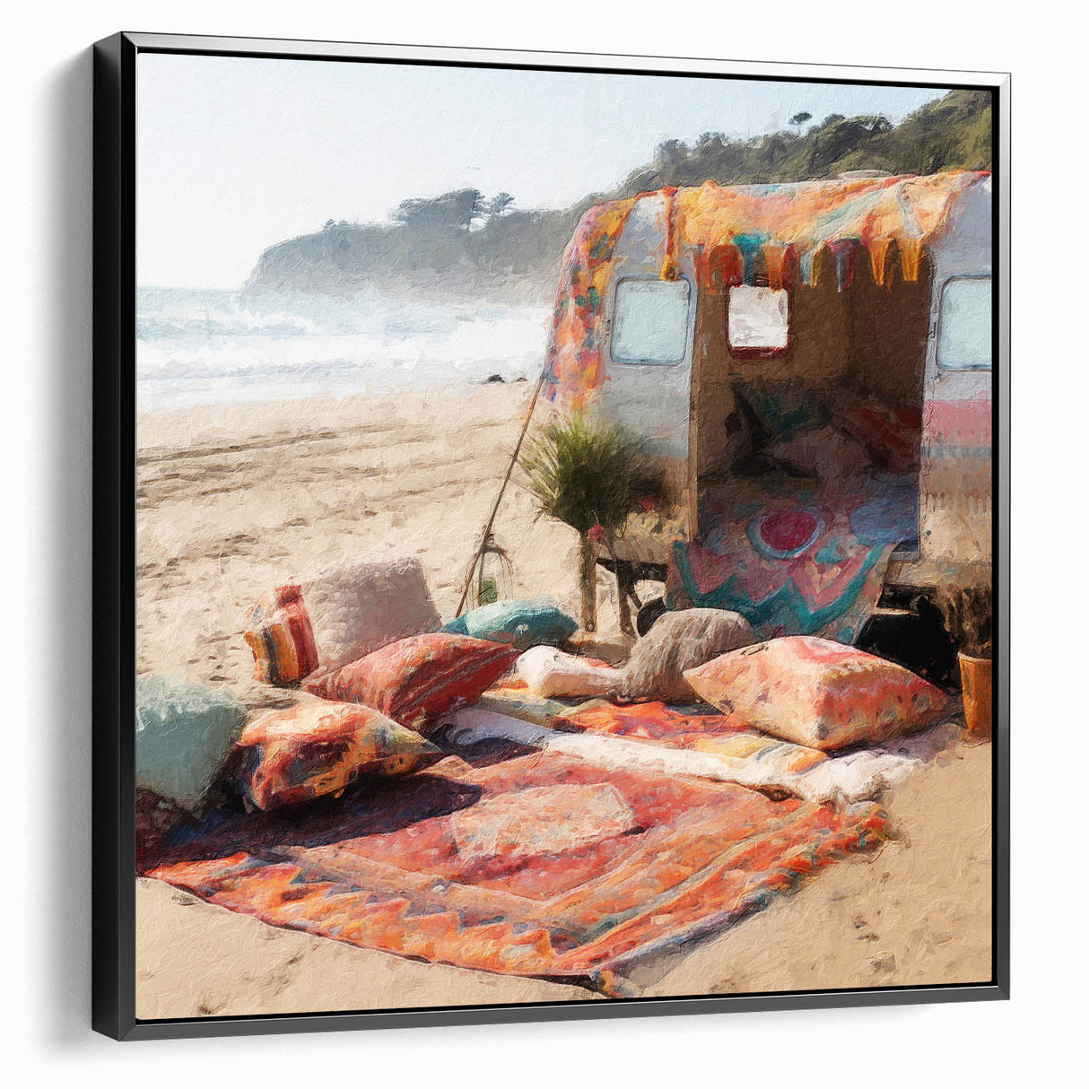 Black and white framed canvas depicting a side view of a vintage caravan, suitable for bedroom wall decor.