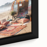 Close-up of a textured caravan design on black wall art canvas with colorful accents, suitable for large living room decor.