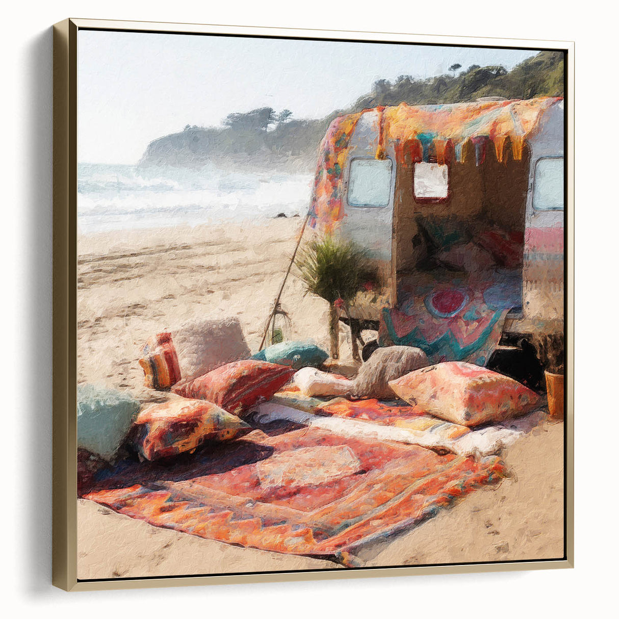 Framed canvas featuring a vintage caravan in a landscape, with muted silver and gold tones, ideal for bedroom wall decor.