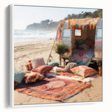 Vintage poster art of a colorful caravan on a black background, framed canvas, ideal for living room decor.