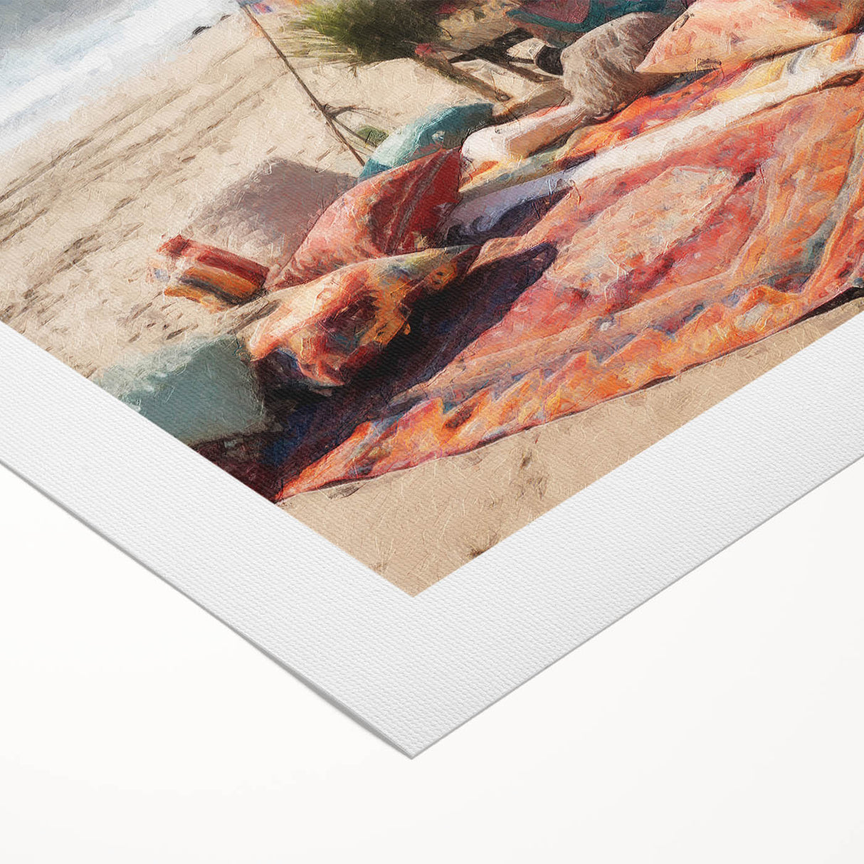 Art deco poster featuring a vintage caravan, rendered in soft beige and cream tones on a rolled canvas.
