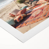 Art deco poster featuring a vintage caravan, rendered in soft beige and cream tones on a rolled canvas.