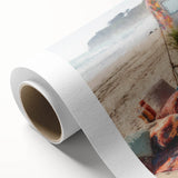 Art Deco-style caravan illustration in muted pastel colors on rolled canvas, suitable for nursery wall art.