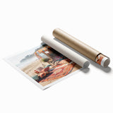 Extra large rolled print featuring a caravan of vehicles in muted earth tones, suitable as large living room wall art.