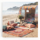 Large black and white stretched canvas featuring a vintage caravan, ideal for kitchen wall art.