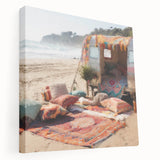 Side view of a vintage caravan depicted in muted earth tones on a large stretched canvas, suitable for kitchen wall art.