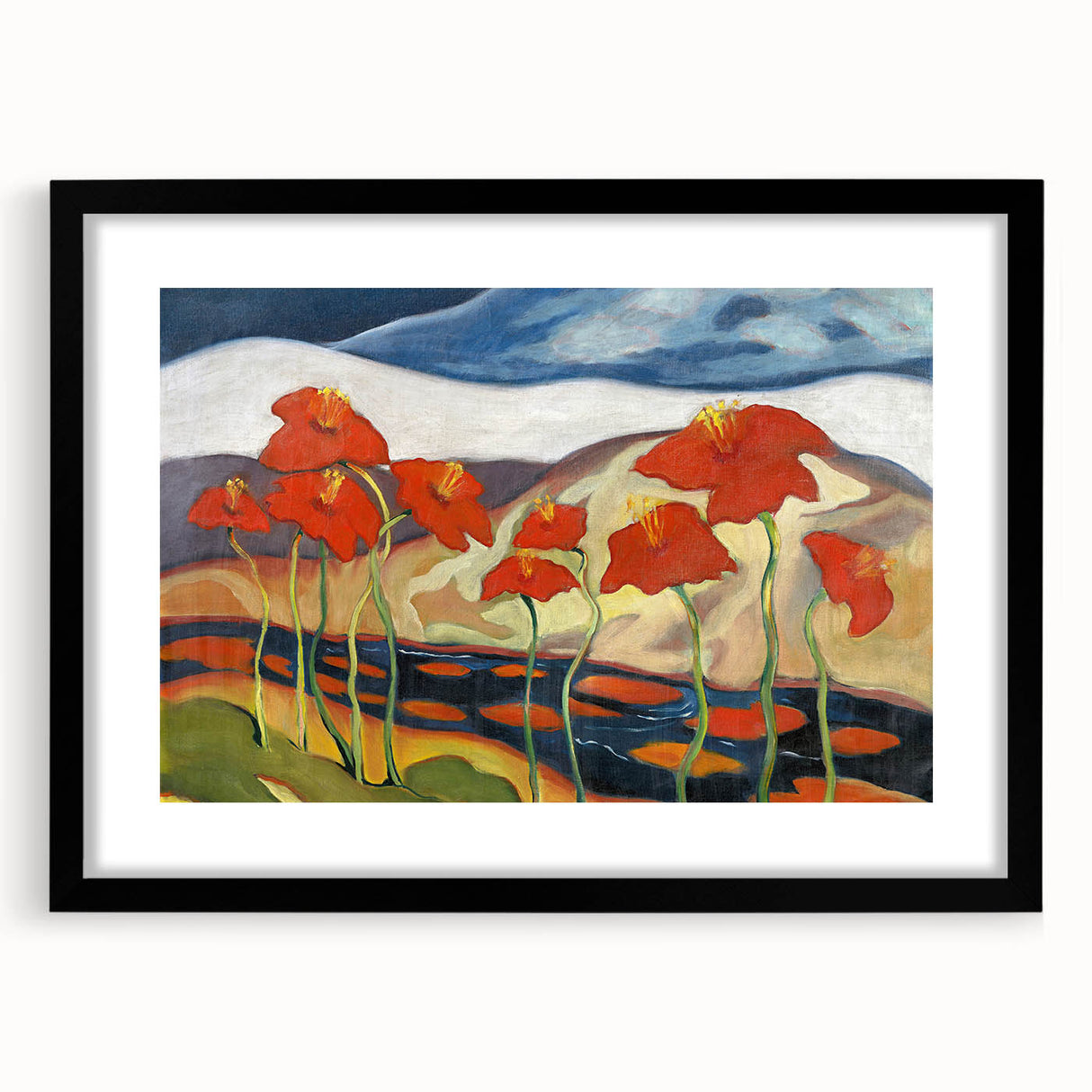 Modern Wall Art with Bold Red Flowers - Vibrant Contemporary Landscape