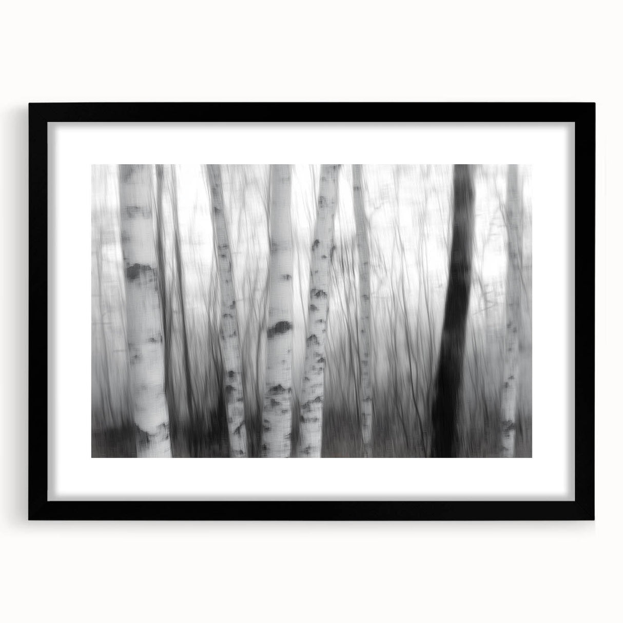 Birch Forest Blur – Dynamic Black and White Abstract Motion Wall Art