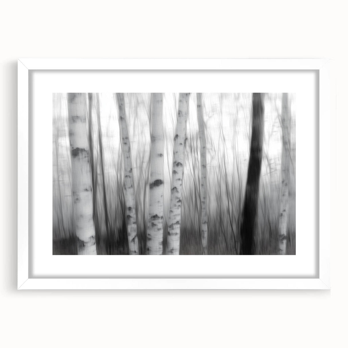 Birch Forest Blur – Dynamic Black and White Abstract Motion Wall Art