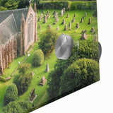 Close-up view of a stunning acrylic landscape artwork depicting a majestic castle surrounded by vibrant greenery, ideal for home decor and art enthusiasts.