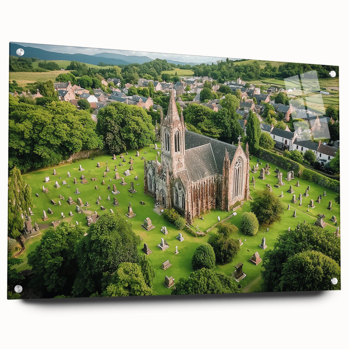 Acrylic glass artwork showcasing a stunning side view of a majestic castle landscape, designed with vibrant colors and intricate details, mounted with stylish pins for display.