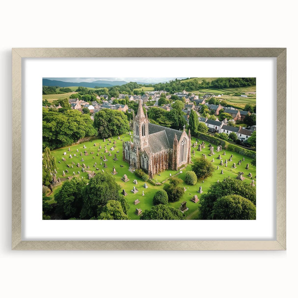 Silver-framed landscape artwork depicting a serene castle scene, elegantly matted for enhanced presentation, ideal for home decor or gallery display.
