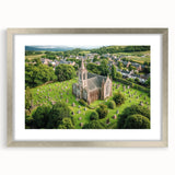 Silver-framed landscape artwork depicting a serene castle scene, elegantly matted for enhanced presentation, ideal for home decor or gallery display.