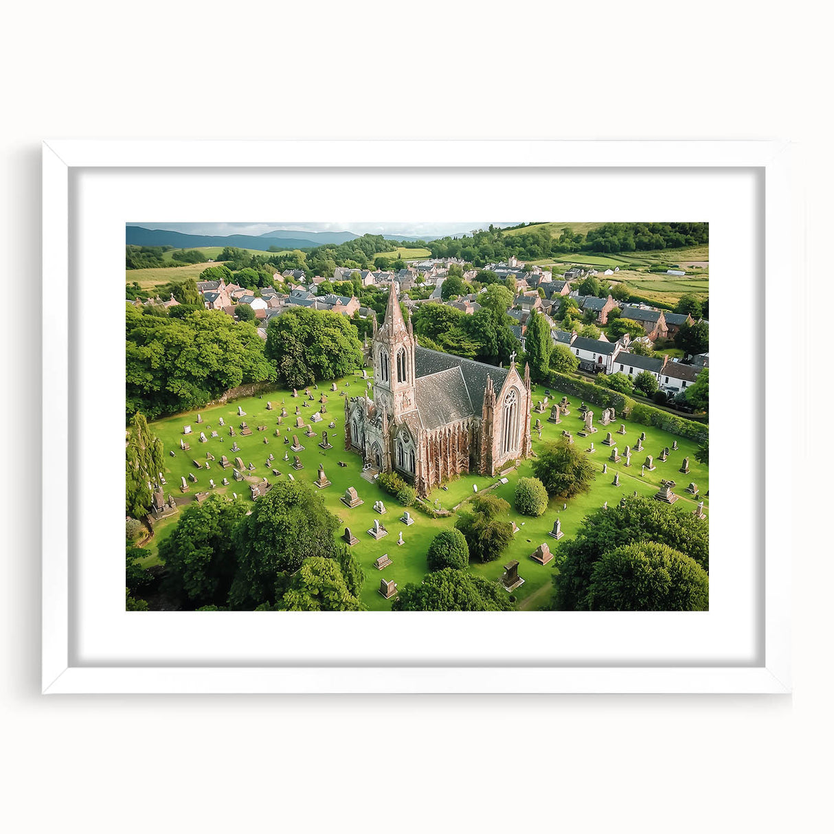 Elegant white-framed landscape artwork featuring a picturesque castle surrounded by lush greenery, ideal for home decor. The mat adds a sophisticated touch to the presentation, enhancing the visual appeal of the scenic view. Perfect for adding charm to living spaces.