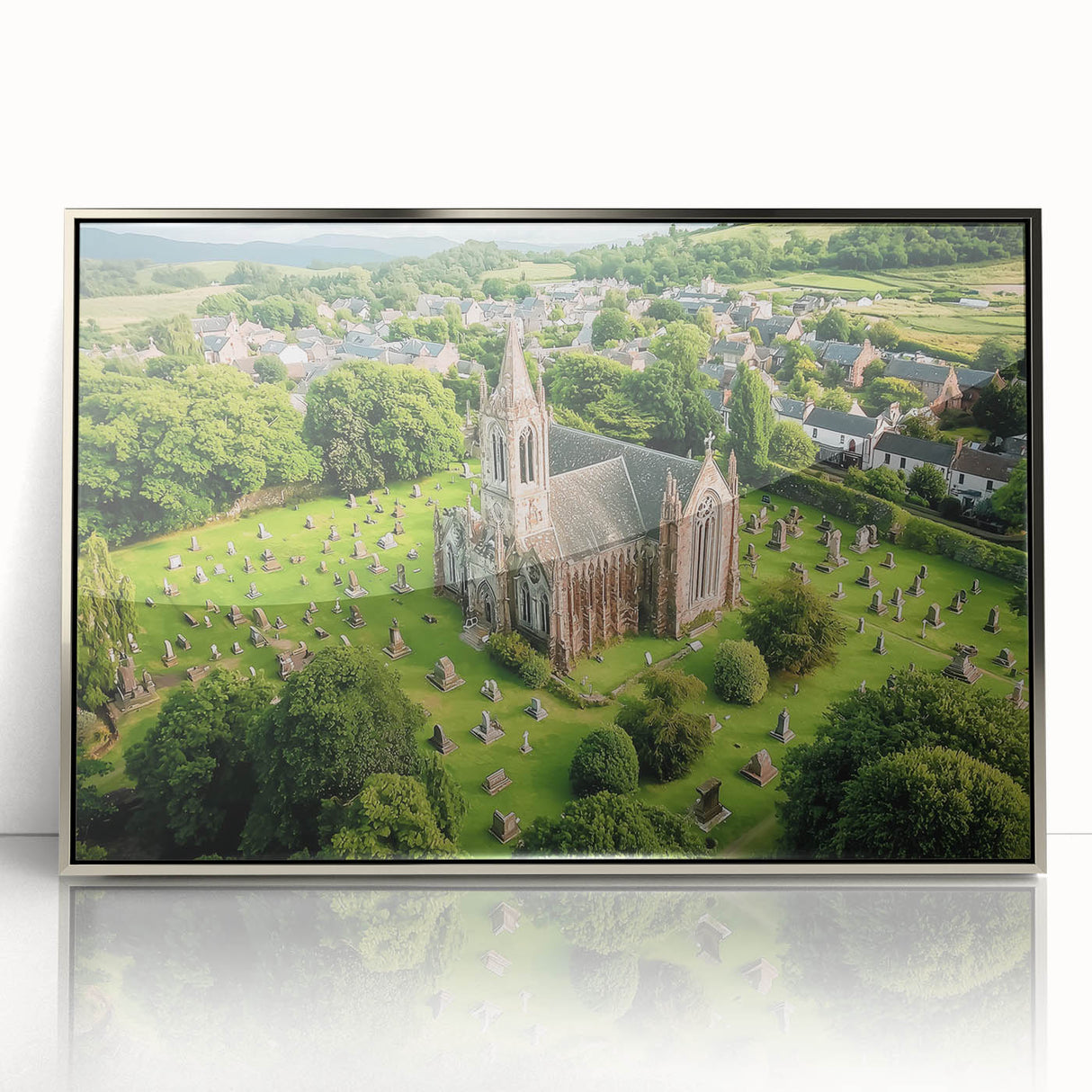 Framed acrylic artwork showcasing a picturesque landscape featuring a majestic castle surrounded by vibrant green hills and a clear blue sky, ideal for home decor.