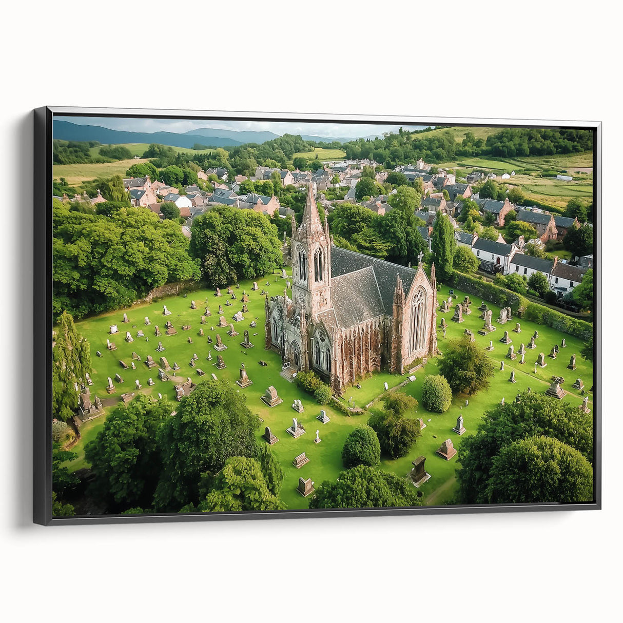 Framed canvas artwork showcasing a majestic landscape with a castle, displayed from the side against a black frame, ideal for enhancing home decor with a touch of elegance.