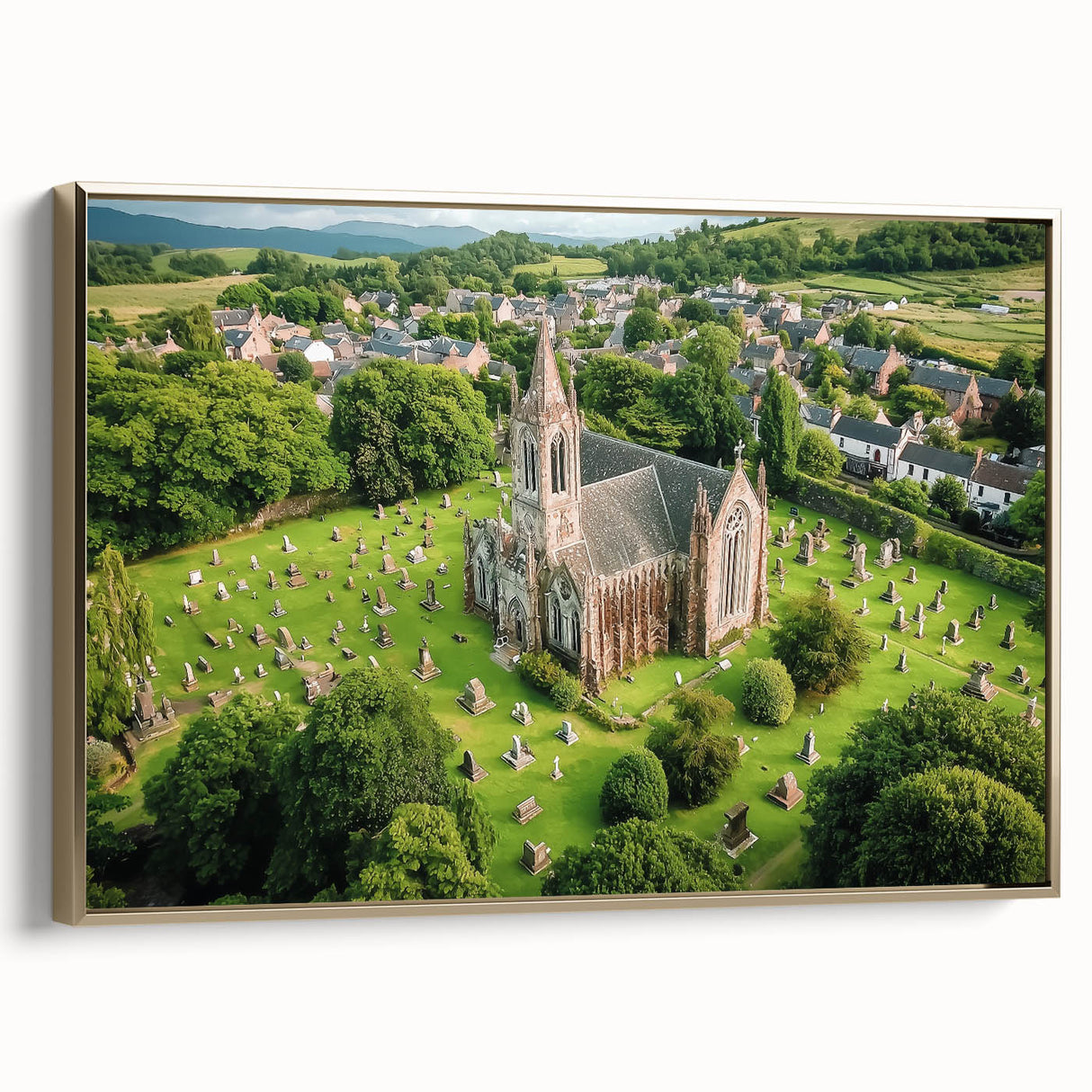 Framed canvas artwork showcasing a picturesque landscape with a majestic castle, adorned with intricate details and a gold frame, ideal for home decor.