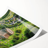 Vibrant rolled print showcasing a stunning landscape of a medieval castle surrounded by lush greenery and a clear blue sky, perfect for home decor.