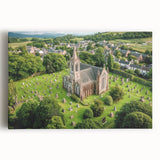 Stretched canvas artwork showcasing a vibrant, detailed landscape featuring a majestic castle surrounded by lush greenery and a clear blue sky, perfect for home decor.