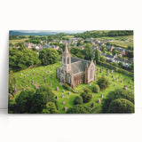 Stretched canvas artwork depicting a vibrant landscape with a majestic castle surrounded by lush greenery, ideal for home decor or art enthusiasts.