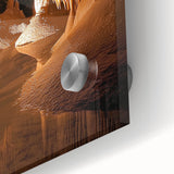Close-up of an acrylic glass artwork showcasing a vibrant landscape scene with intricate cave formations, highlighting rich colors and textures, perfect for home decor.