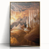 Framed acrylic artwork showcasing a stunning landscape with cave formations, highlighted by a luxurious gold frame, perfect for home decor enhancement.