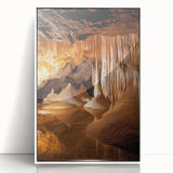 Framed acrylic wall art depicting a serene cave landscape with vibrant colors, mounted in a sleek white frame, perfect for modern home decor.