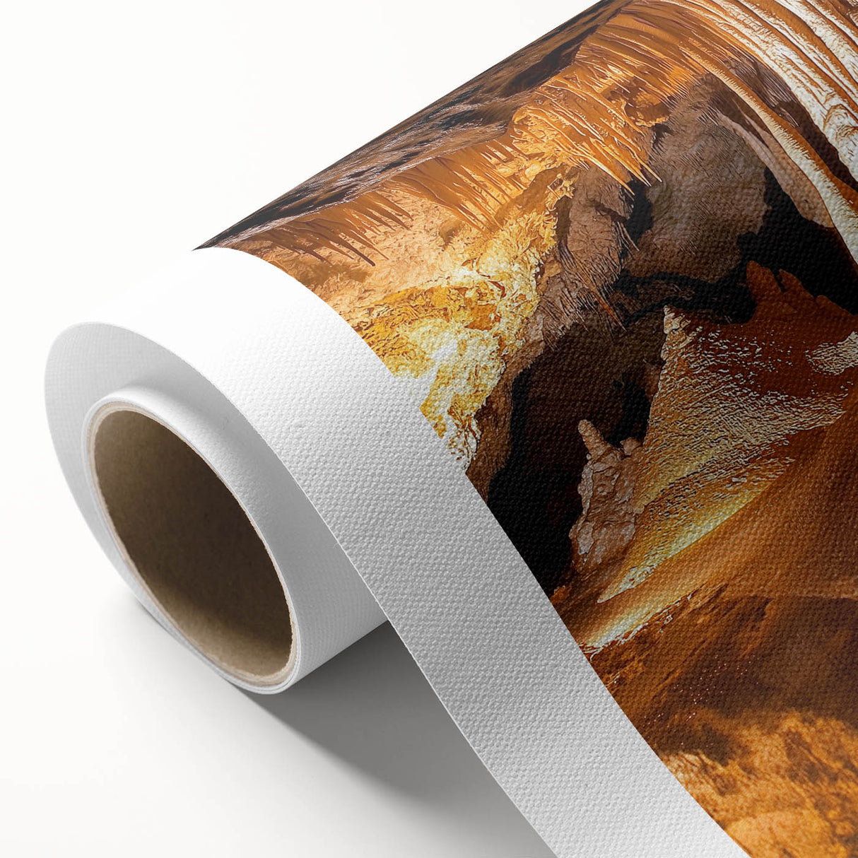 Vibrant rolled canvas artwork depicting an intricate cave landscape, showcasing earthy tones and detailed textures, elegantly packaged in a protective cardboard tube for safe delivery.
