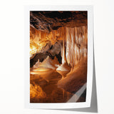 Stunning rolled print of a vibrant cave landscape artwork, showcasing intricate details and rich colors, elegantly packaged in a protective cardboard tube.