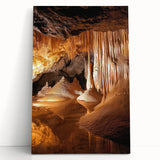 Stretched canvas artwork showcasing a serene landscape with caves, featuring earthy tones and intricate details, perfect for home decor and art enthusiasts.