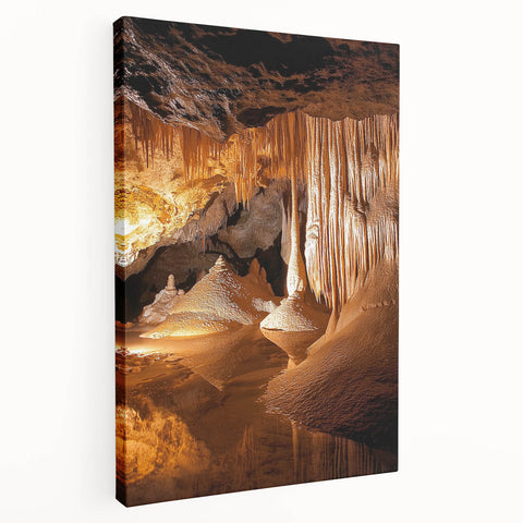 Stretched canvas artwork depicting a serene landscape with intricate cave formations and vibrant colors, ideal for enhancing home decor and artistic ambiance.
