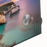 Close-up of a vibrant acrylic landscape depicting dramatic cliffs and seascape, showcasing rich colors and intricate textures, ideal for modern home decor.