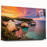 Acrylic landscape artwork showcasing dramatic cliffs and vibrant colors, displayed in a sleek glass frame, emphasizing depth and texture in modern decor.