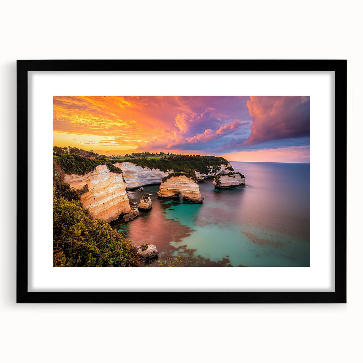 Black-framed landscape artwork featuring dramatic cliffs and a serene sky, elegantly matted to enhance visual appeal, ideal for modern home decor.