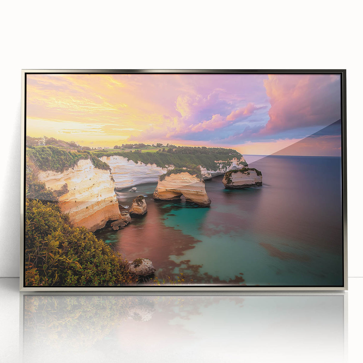 Framed acrylic artwork showcasing a stunning landscape of cliffs, highlighted by vibrant colors and intricate details, suitable for modern home decor.