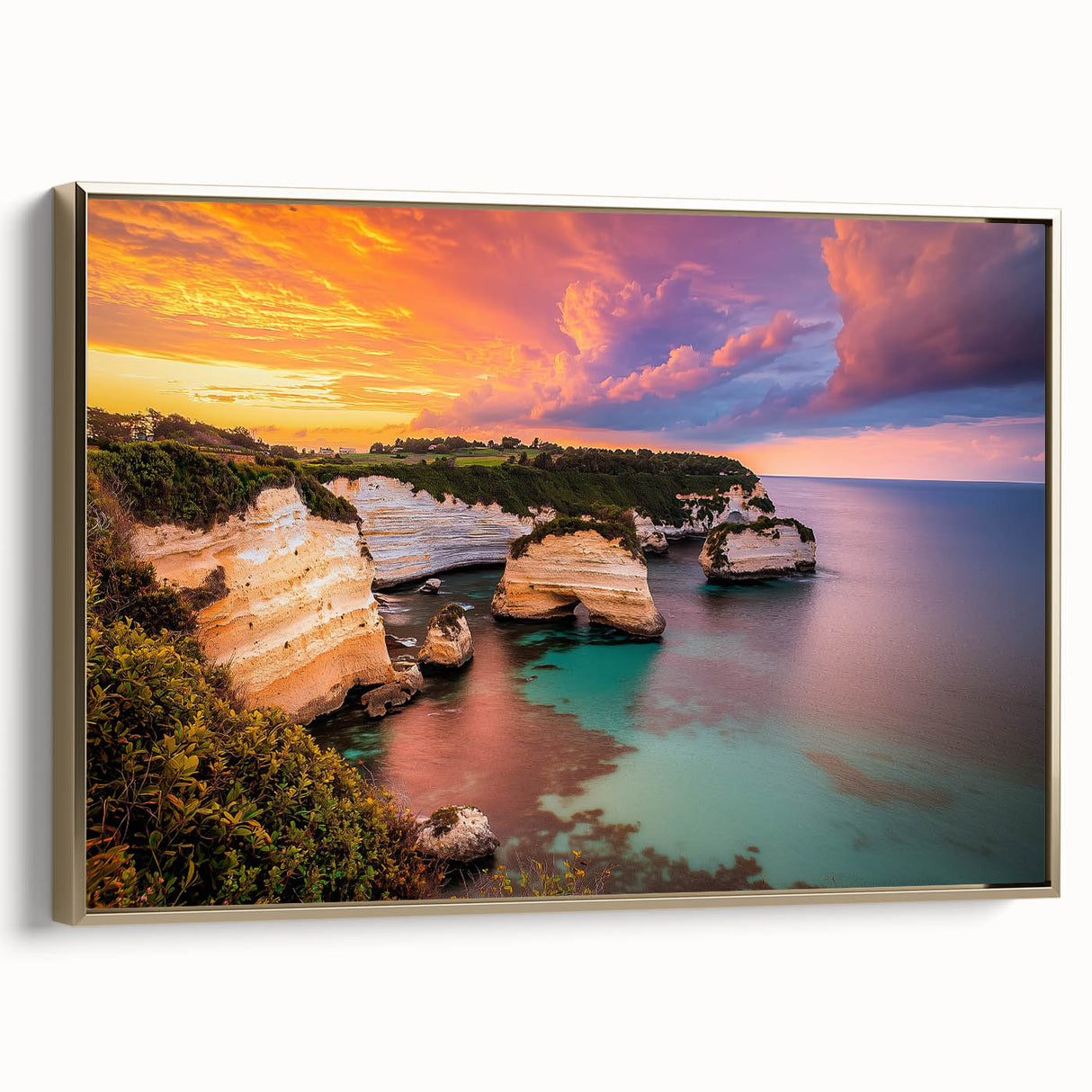 Framed canvas artwork showcasing a stunning cliff landscape with vibrant colors and gold accents, perfect for adding elegance to any room decor.