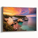 Framed canvas artwork depicting a stunning landscape with cliffs, showcasing a silver frame side view, ideal for modern home decor and artistic ambiance.
