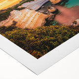 Stunning rolled canvas showcasing a dramatic landscape of rugged cliffs against a vibrant sunset, perfect for home decor or art enthusiasts, securely packaged for delivery.
