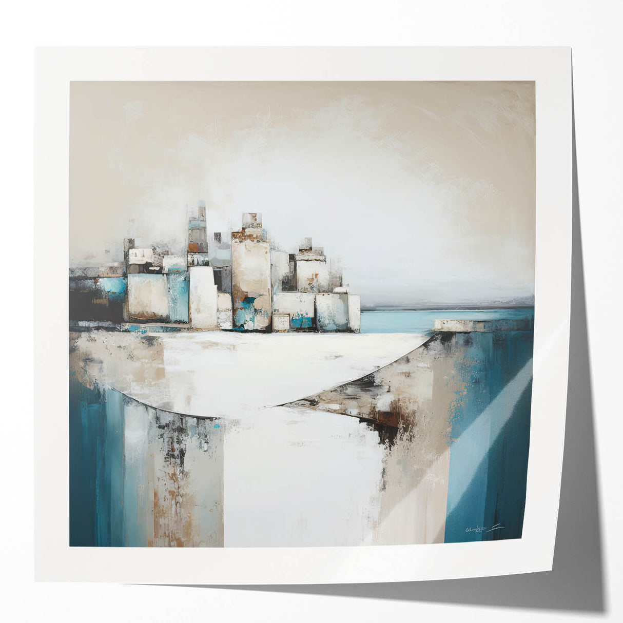 Abstract architectural wall art print showcasing a glossy finish, featuring geometric shapes and vibrant colors, ideal for modern home decor or office spaces. This design adds a contemporary touch to any interior setting, enhancing visual appeal.