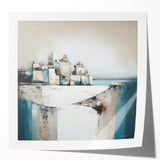 Abstract architectural wall art print showcasing a glossy finish, featuring geometric shapes and vibrant colors, ideal for modern home decor or office spaces. This design adds a contemporary touch to any interior setting, enhancing visual appeal.